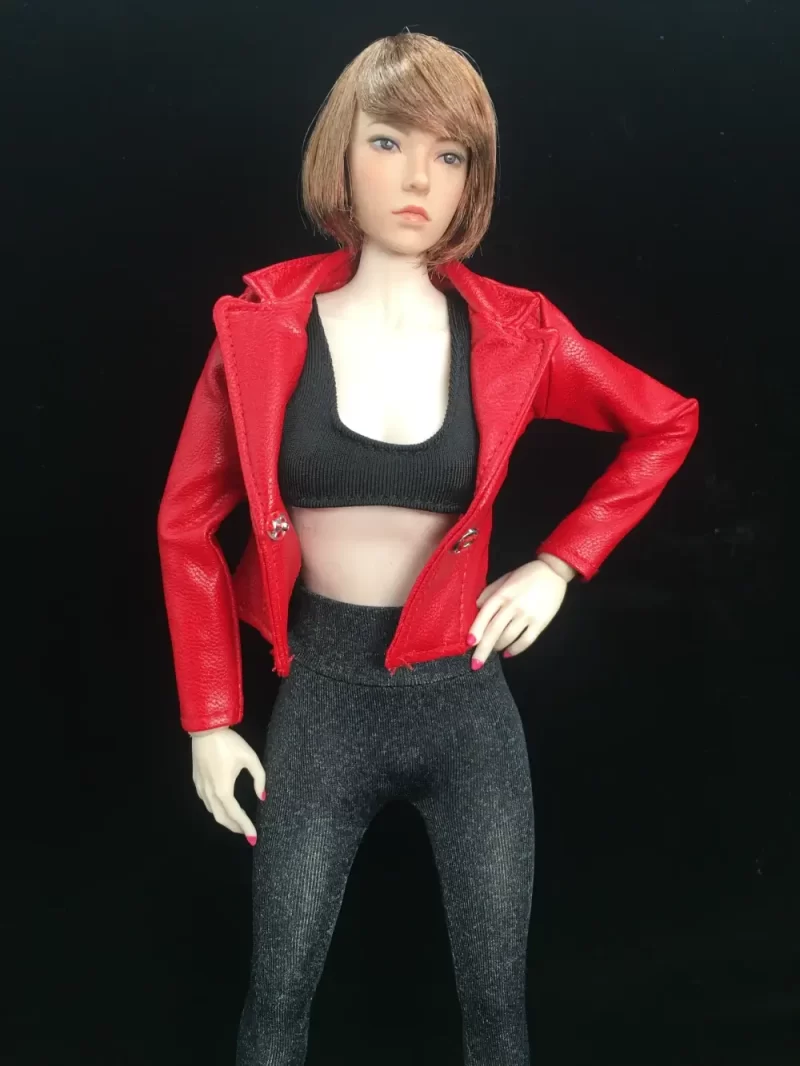 1:6th Scale Female Long Sleeve Faux Leather Jackets Red_5