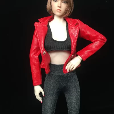 1:6th Scale Female Long Sleeve Faux Leather Jackets Red_3