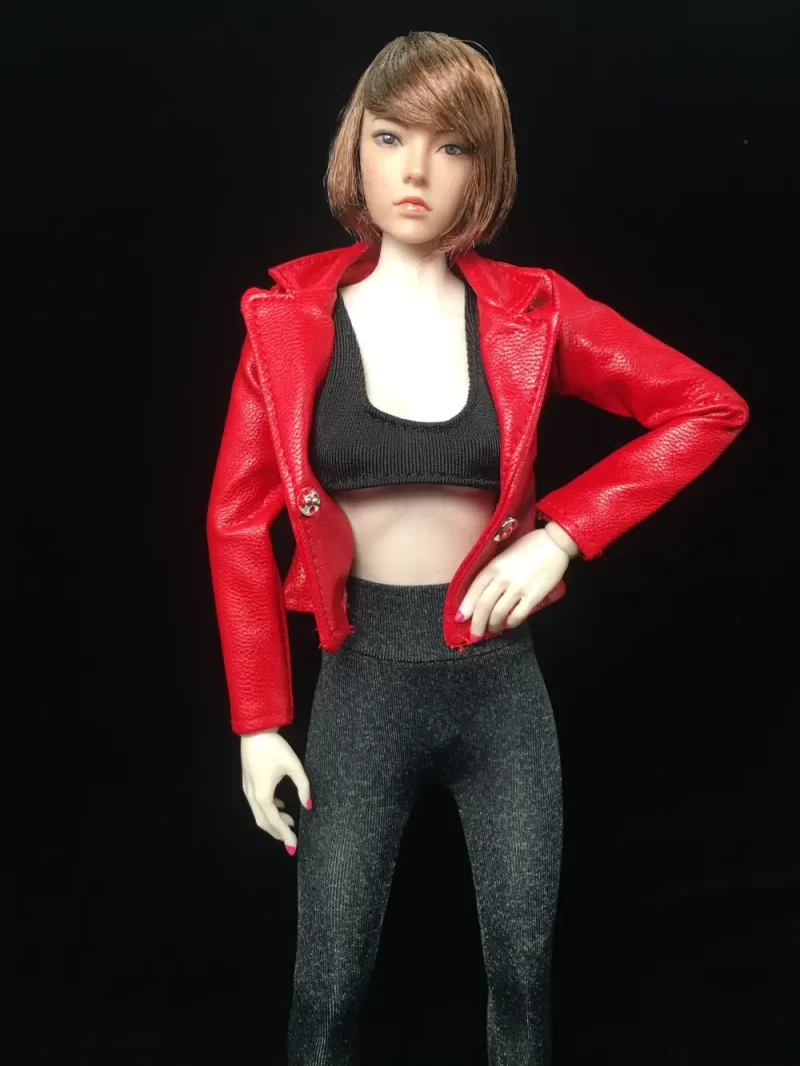 1:6 масштаба женские куртки с длинным рукавом из искусственной кожи красный_3