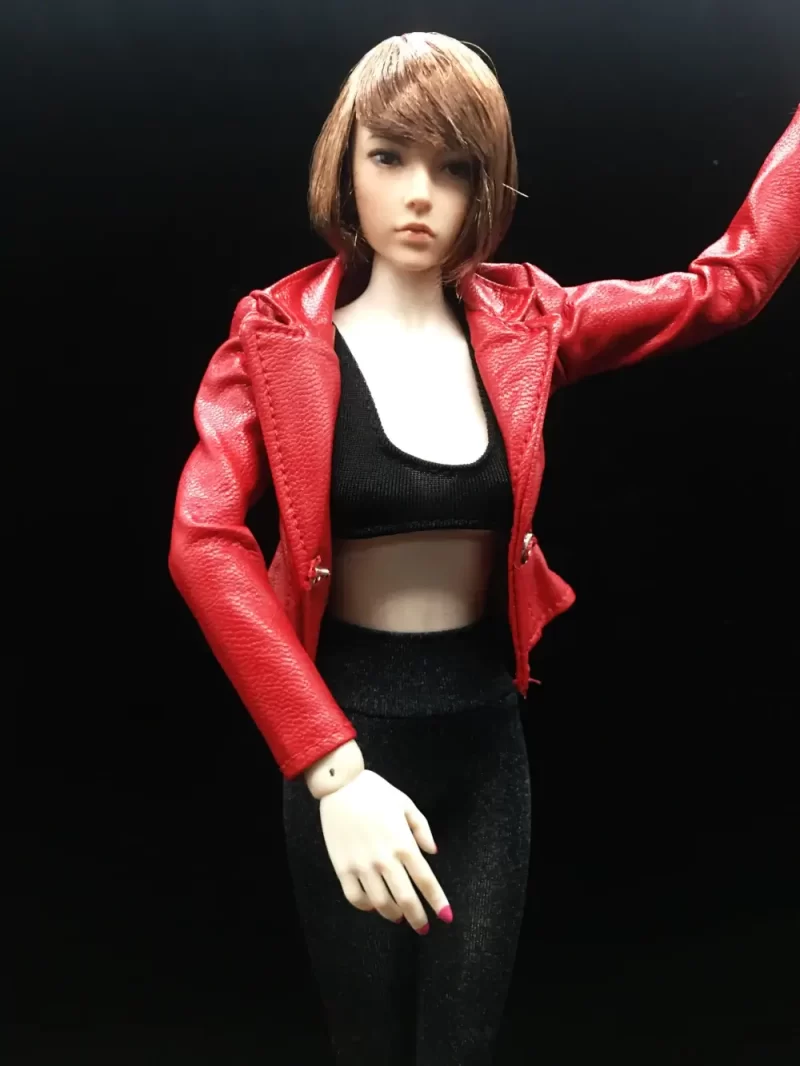 1:6th Scale Female Long Sleeve Faux Leather Jackets Red_4